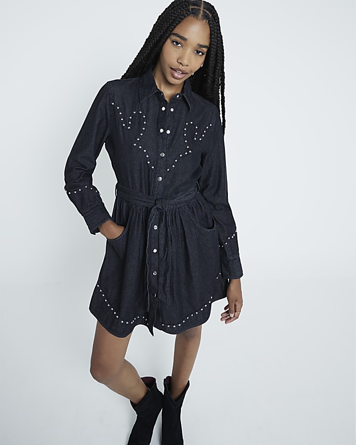 Black Denim Studded Mini Shirt Dress