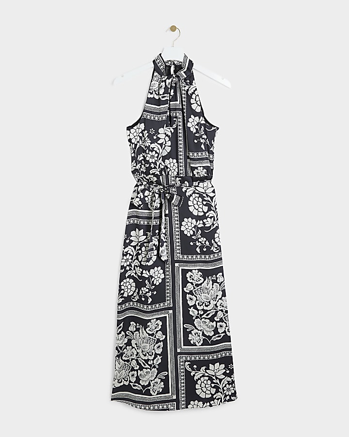 Black floral halter neck shift midi dress