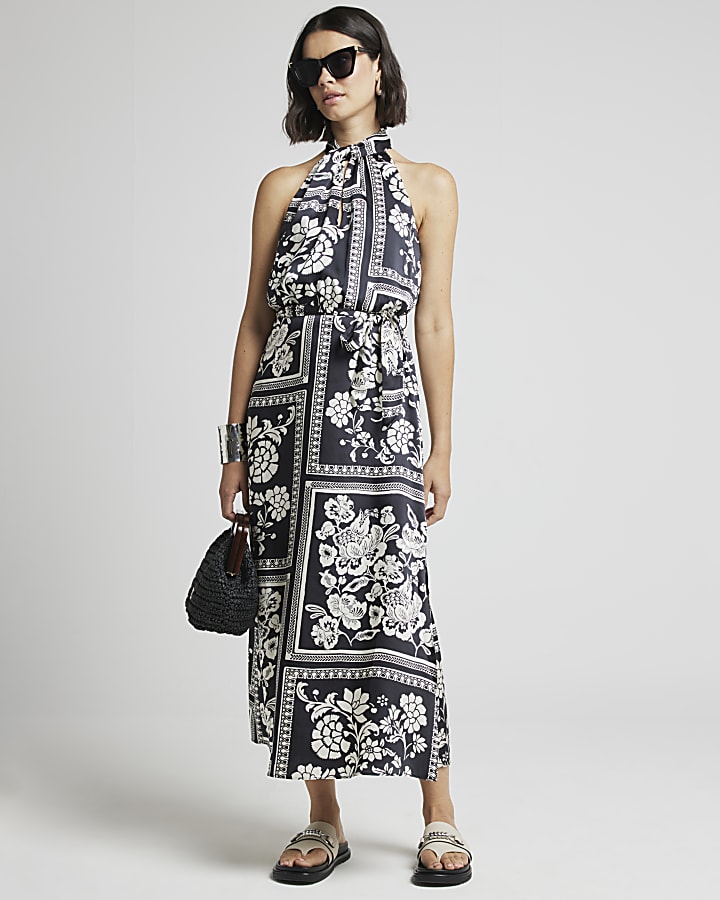 Black floral halter neck shift midi dress