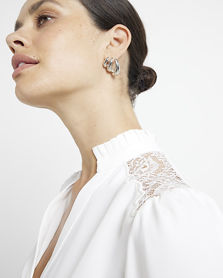 White Loose Fit Long Sleeve Lace Blouse