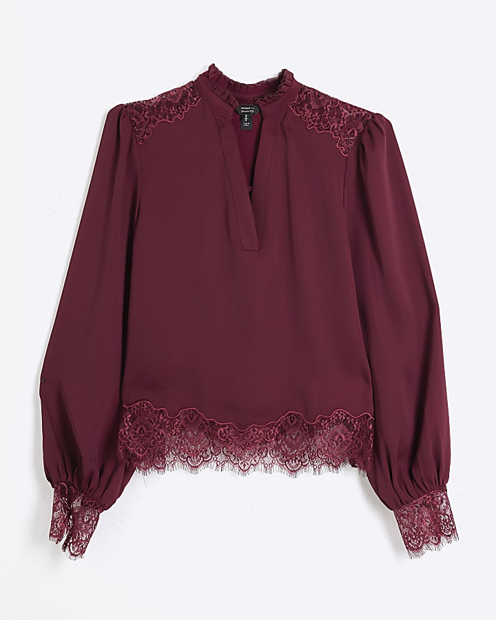 Red long sleeve lace insert blouse