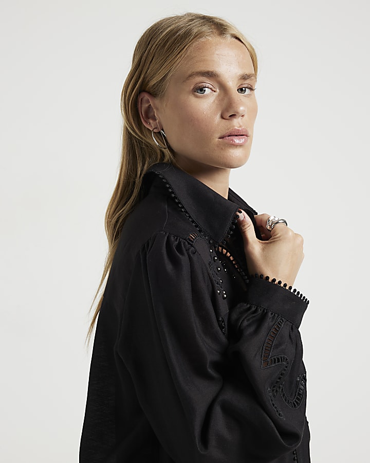 Black studded broderie western shirt
