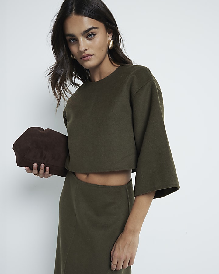 Khaki Premium Wool blend crop top