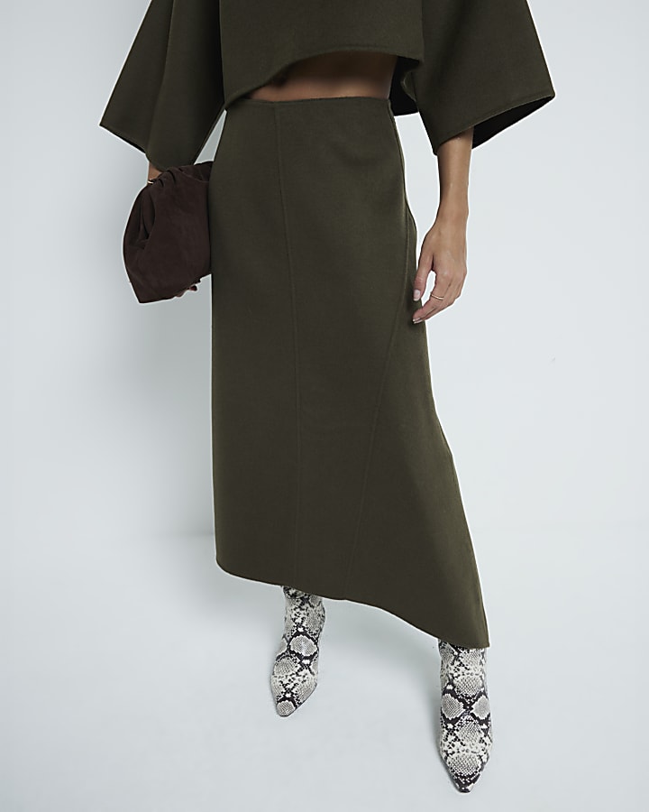 Khaki Premium asymmetric midi skirt