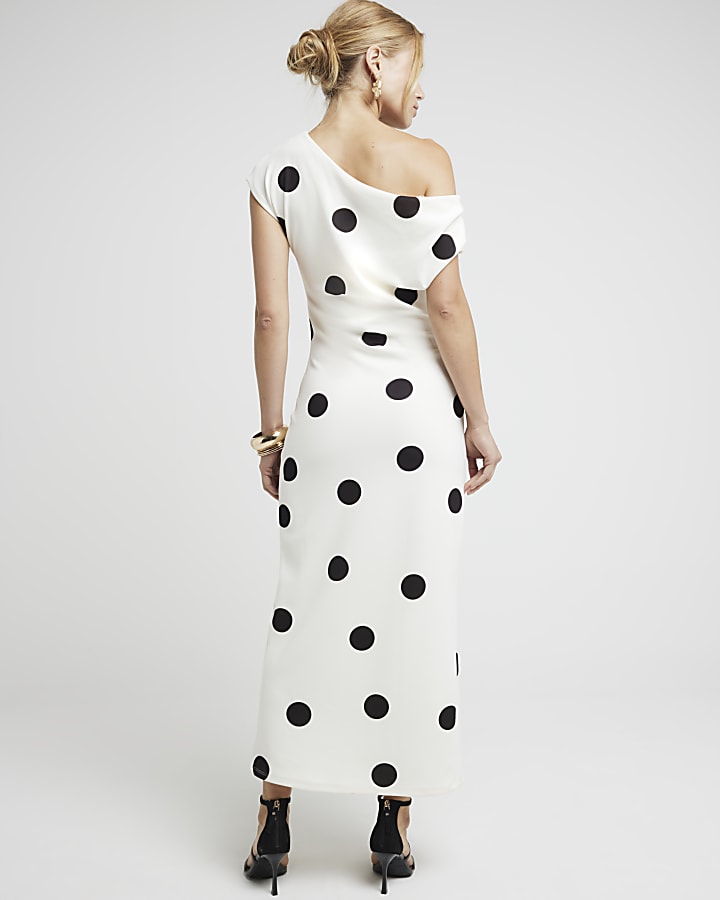 Cream spot drape bodycon midi dress