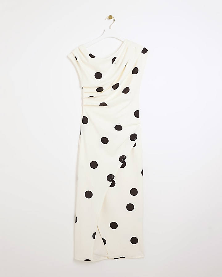 Cream spot drape bodycon midi dress