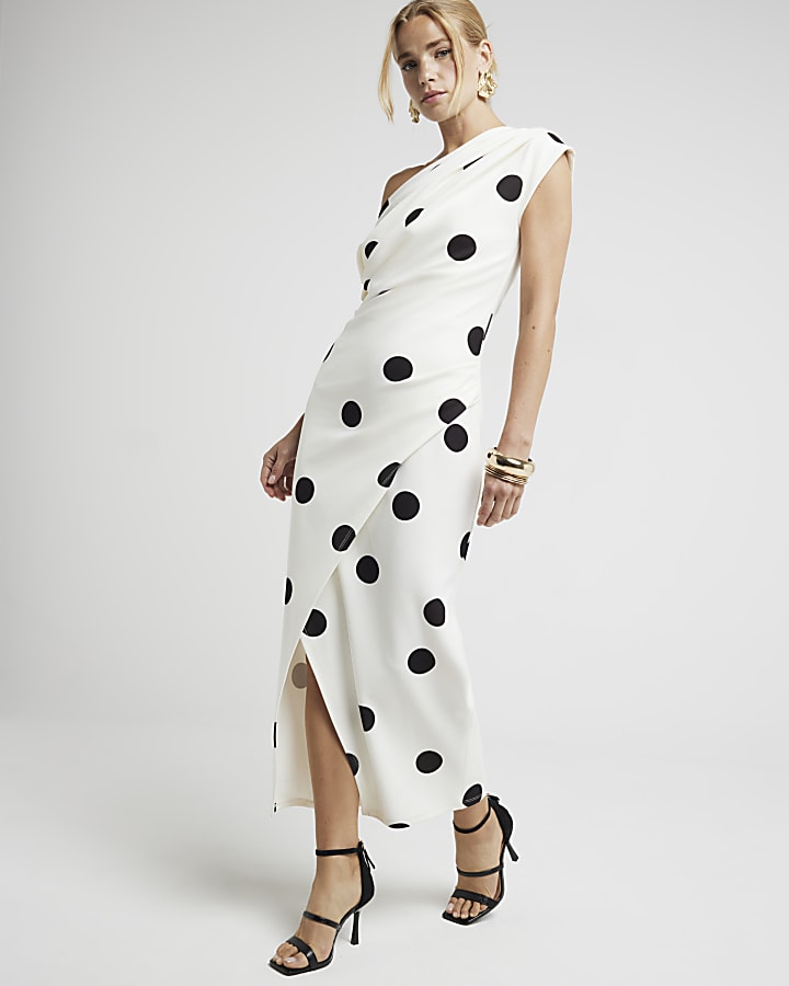 Cream spot drape bodycon midi dress