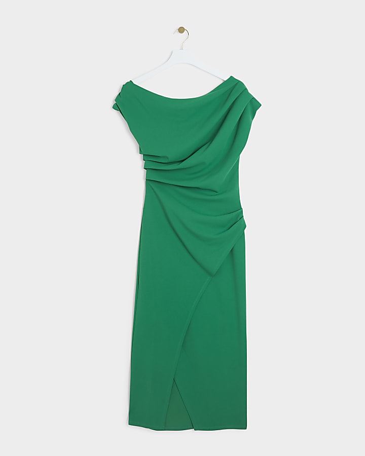 Green Drape Off Shoulder Bodycon Midi Dress