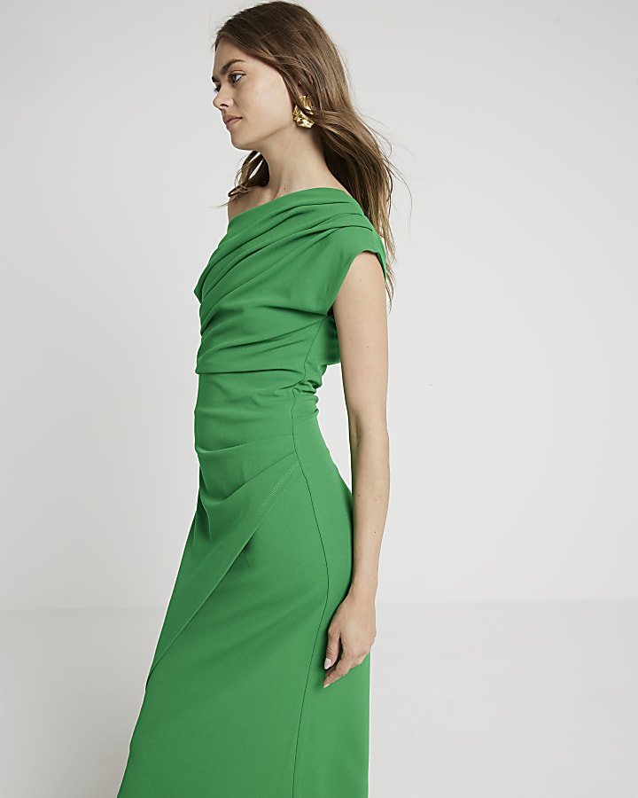 Green Drape Off Shoulder Bodycon Midi Dress