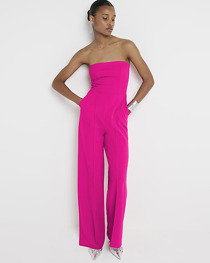 Pink bandeau wide leg jumpsuit River Island