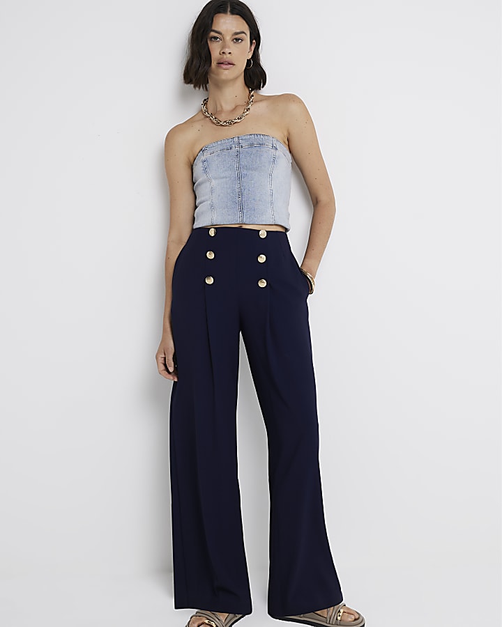 Navy button detail wide leg trousers