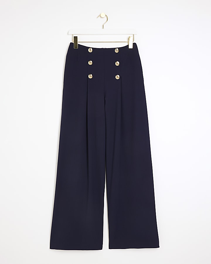 Navy button detail wide leg trousers