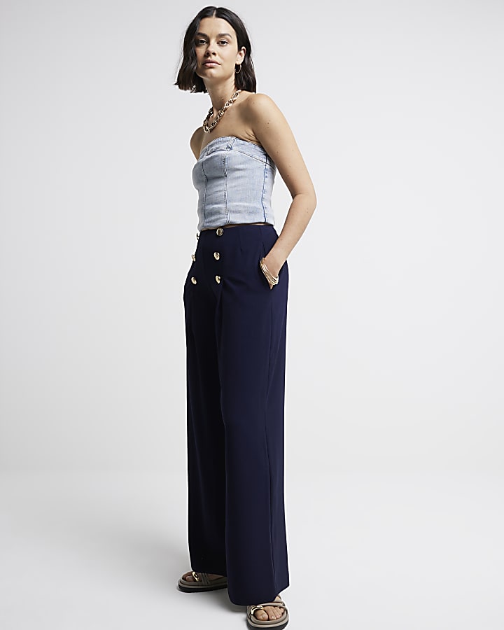 Navy button detail wide leg trousers