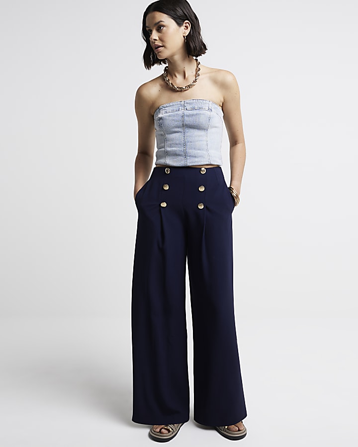 Button detail wide leg trousers online