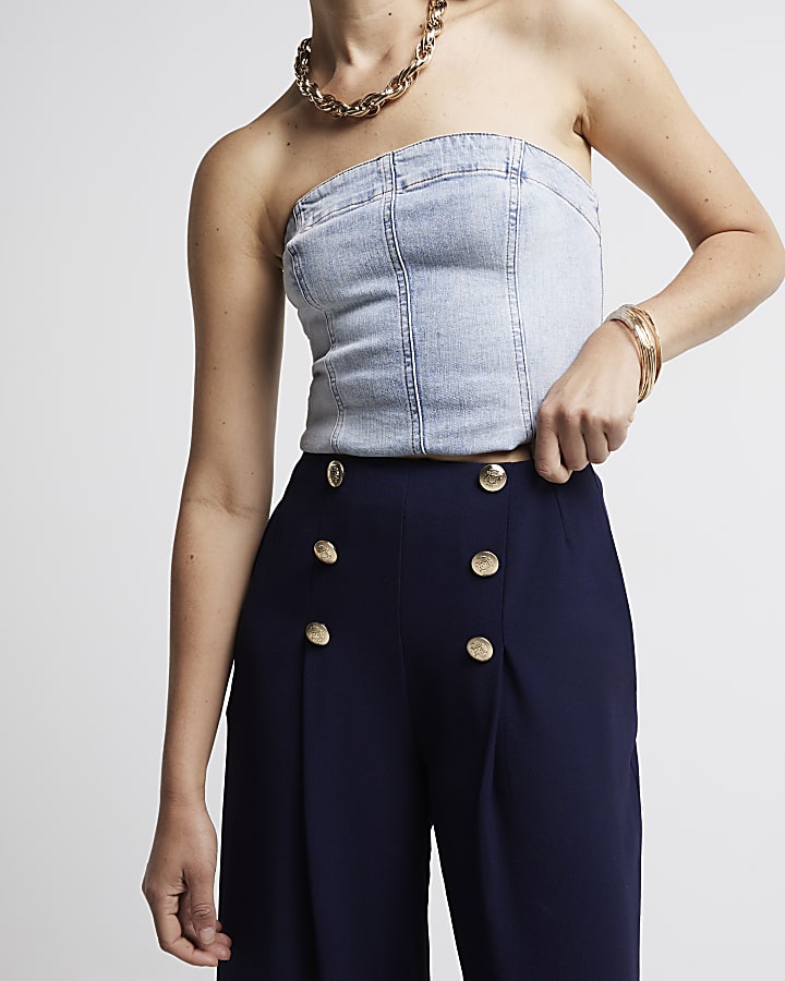 Navy button detail wide leg trousers