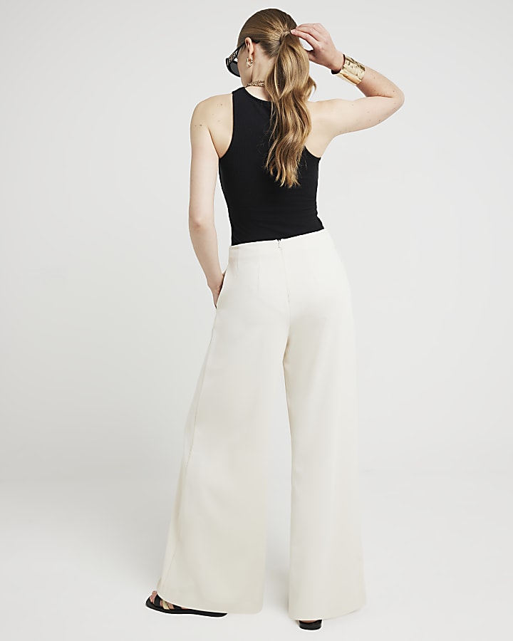 Cream button detail wide leg trousers