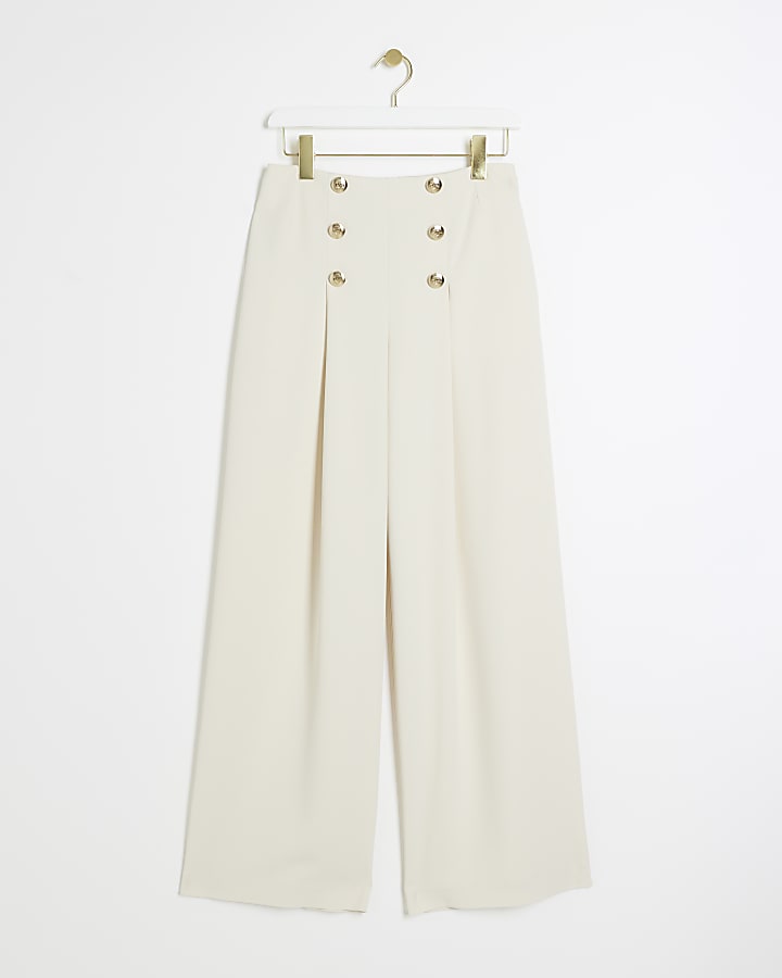 Cream button detail wide leg trousers