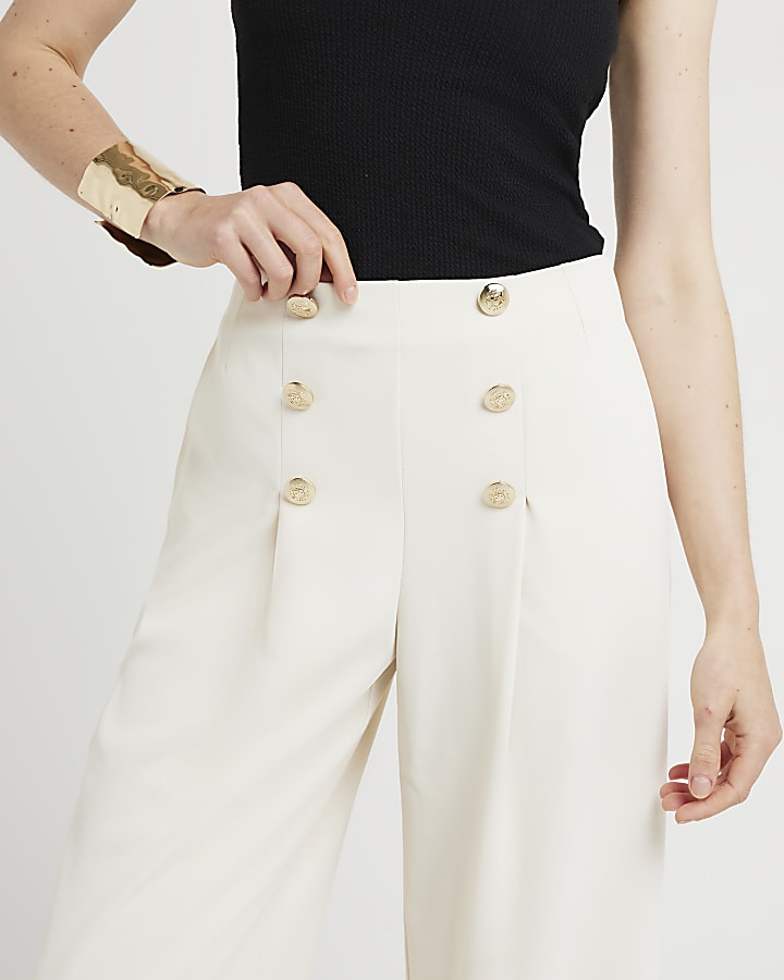 Cream button detail wide leg trousers