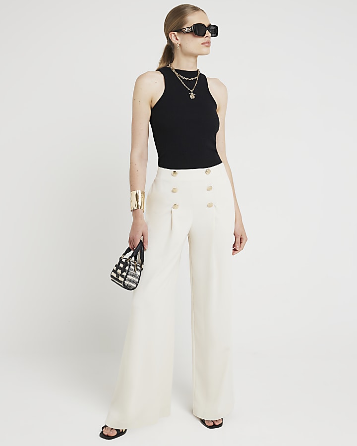 Ladies cream wide leg trousers hotsell