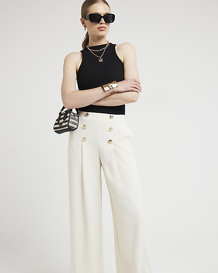 Cream button detail wide leg trousers