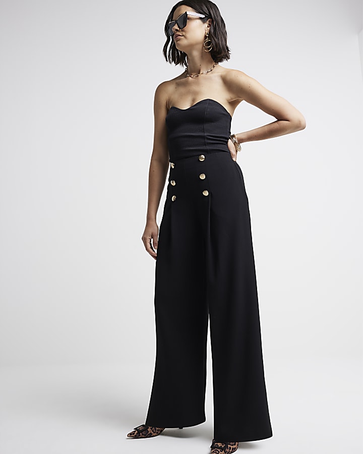 Black button detail wide leg trousers