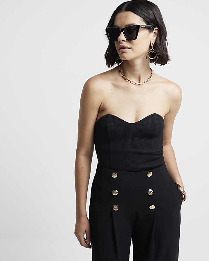 Black button detail wide leg trousers
