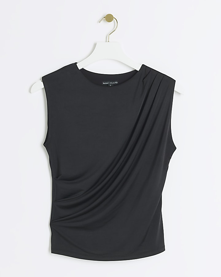 Black Drape Ruched Tank Top