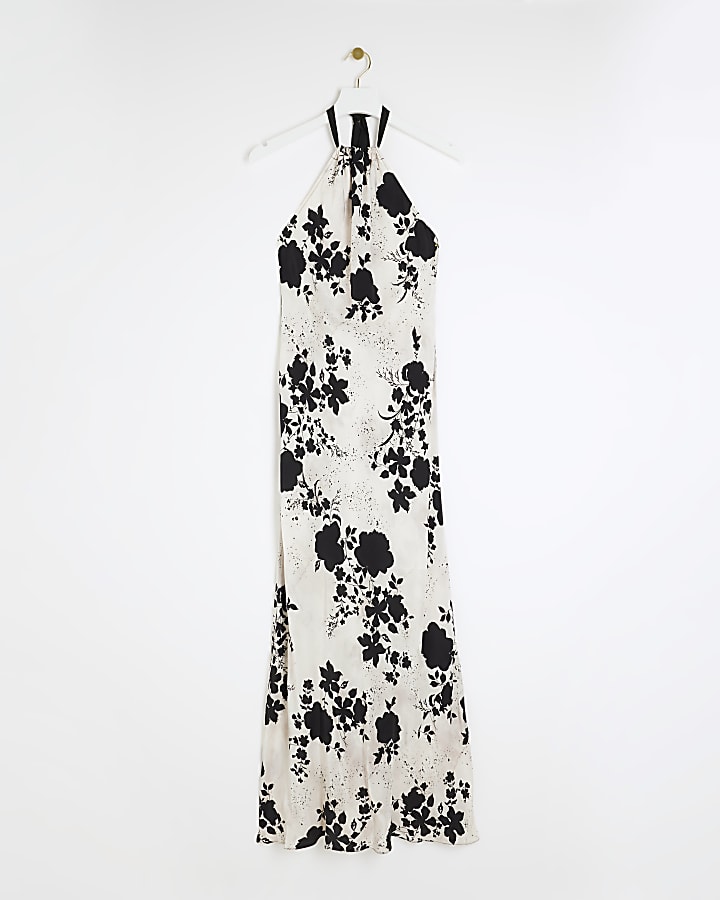 White floral halter neck slip maxi dress