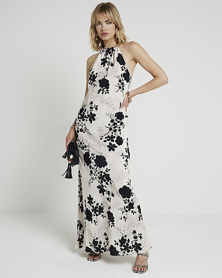 White floral halter neck slip maxi dress