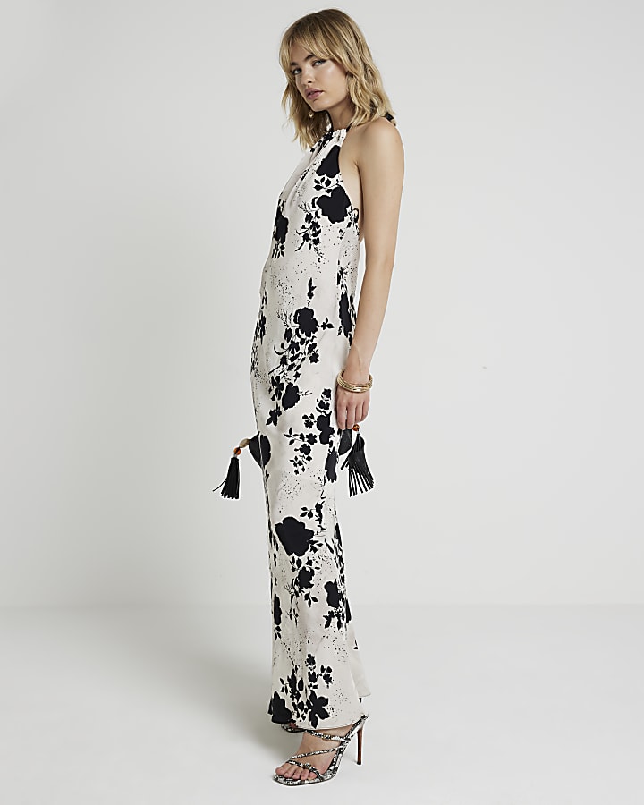 White floral halter neck slip maxi dress