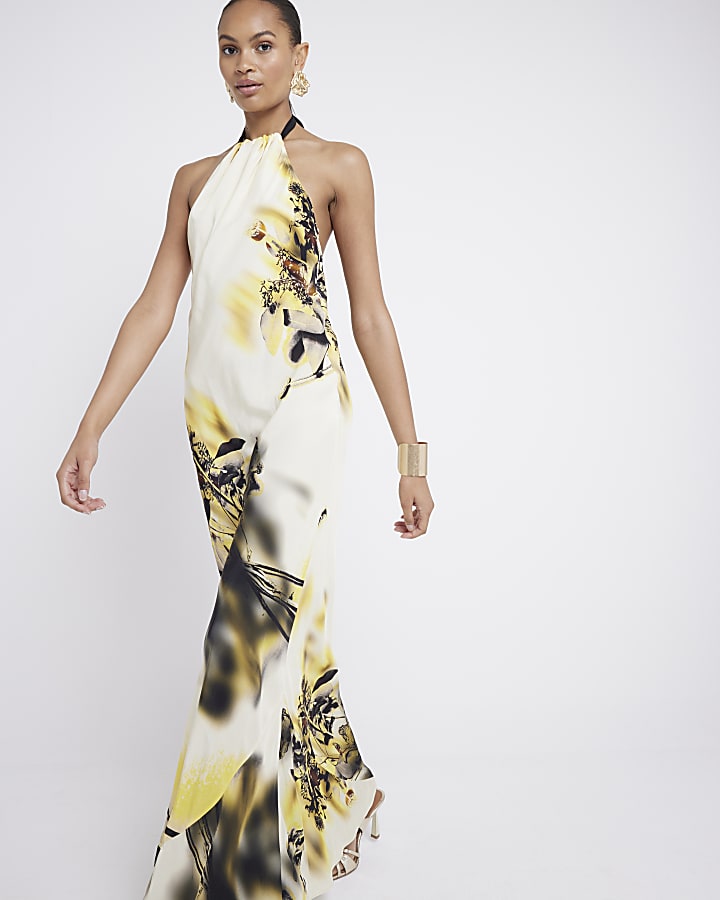 Yellow floral halter neck slip maxi dress