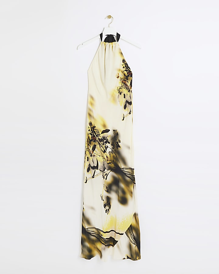 Yellow floral halter neck slip maxi dress