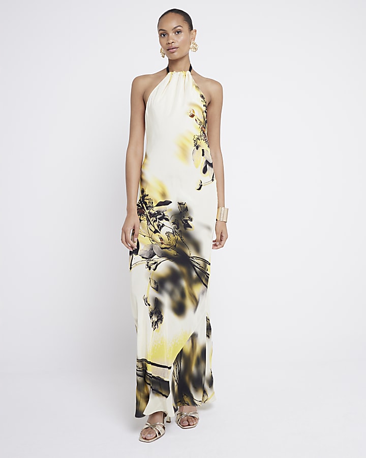 Yellow floral halter neck slip maxi dress