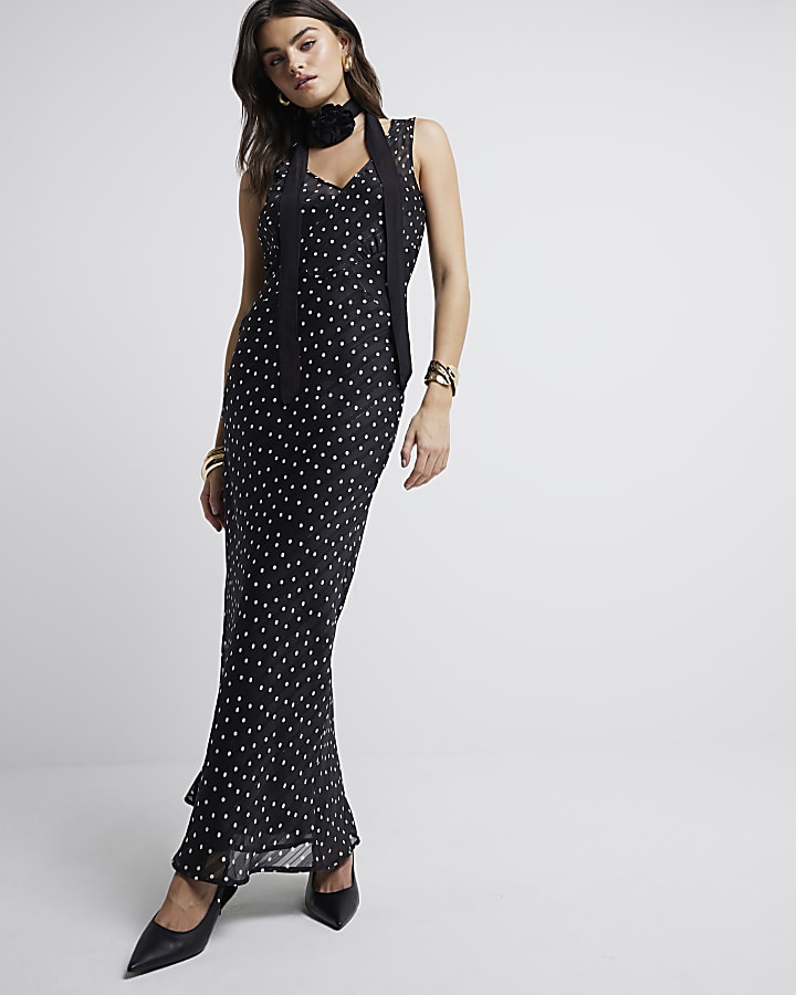 Black chiffon spot slip maxi dress