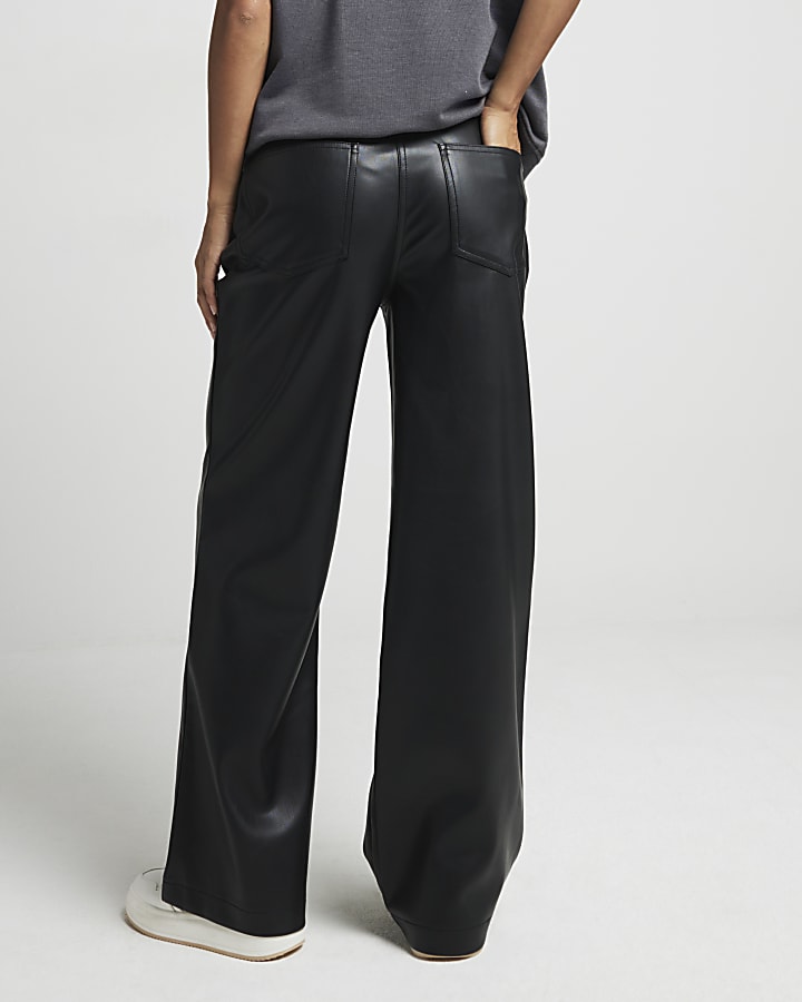 Petite black faux leather straight trousers