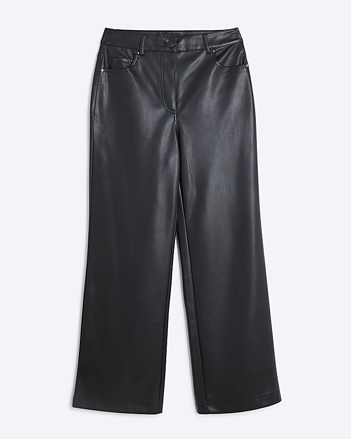 Petite black faux leather straight trousers