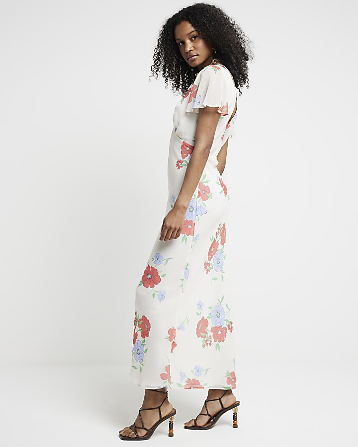 White floral flute sleeve swing midi dress