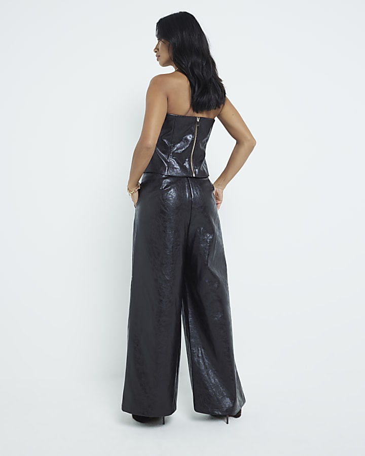 Petite Brown Faux Leather Wide Leg Trousers