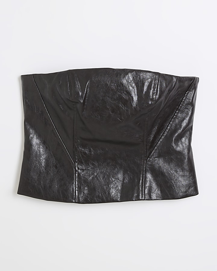 Petite Brown Faux Leather Bandeau Top