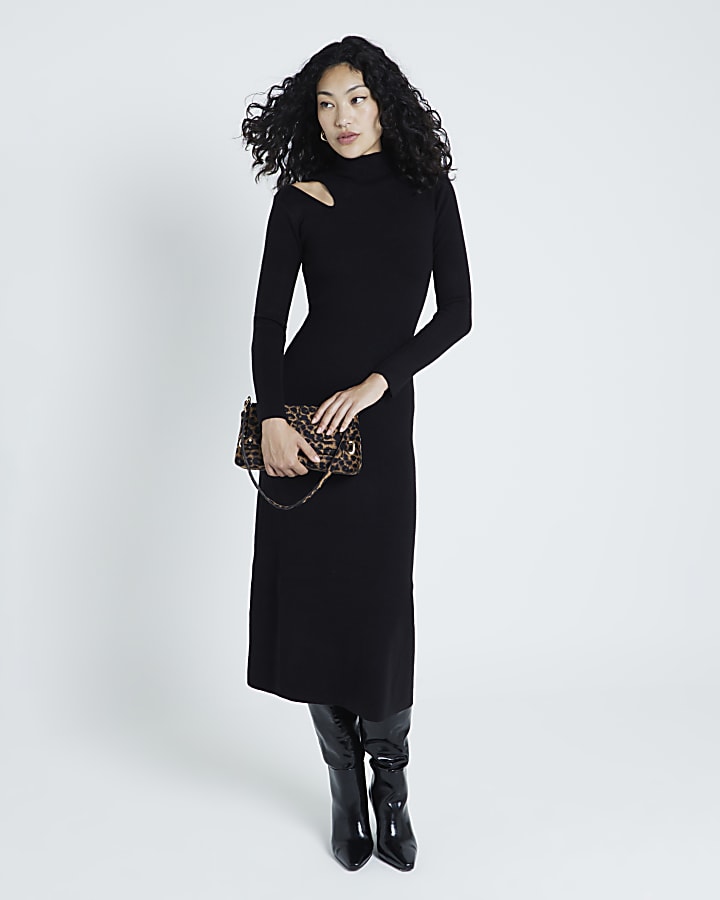 Black long sleeve cut out midi dress