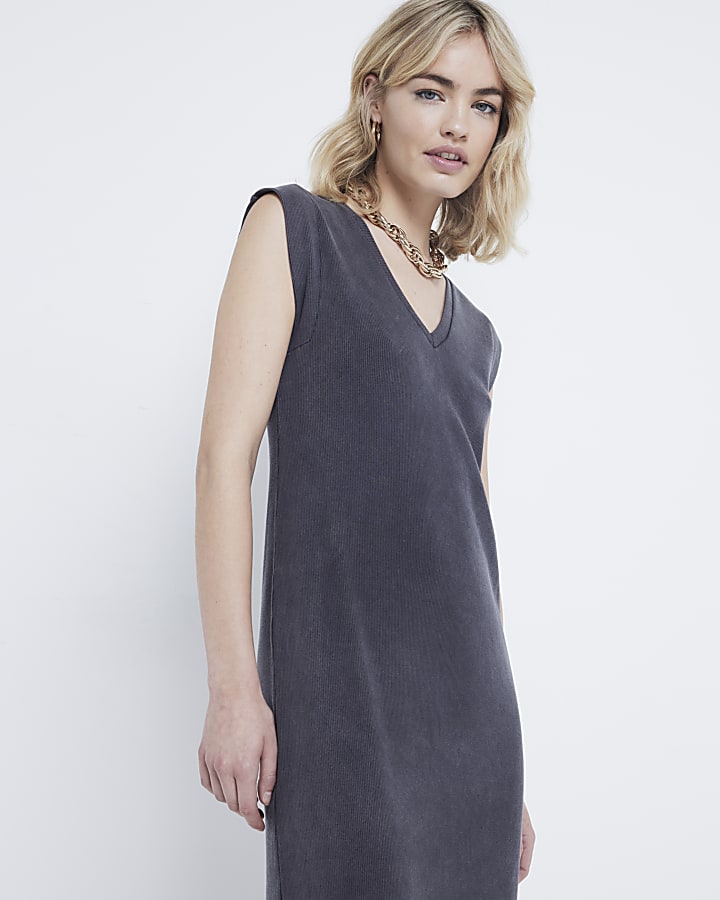 Grey washed V neck bodycon midi dress