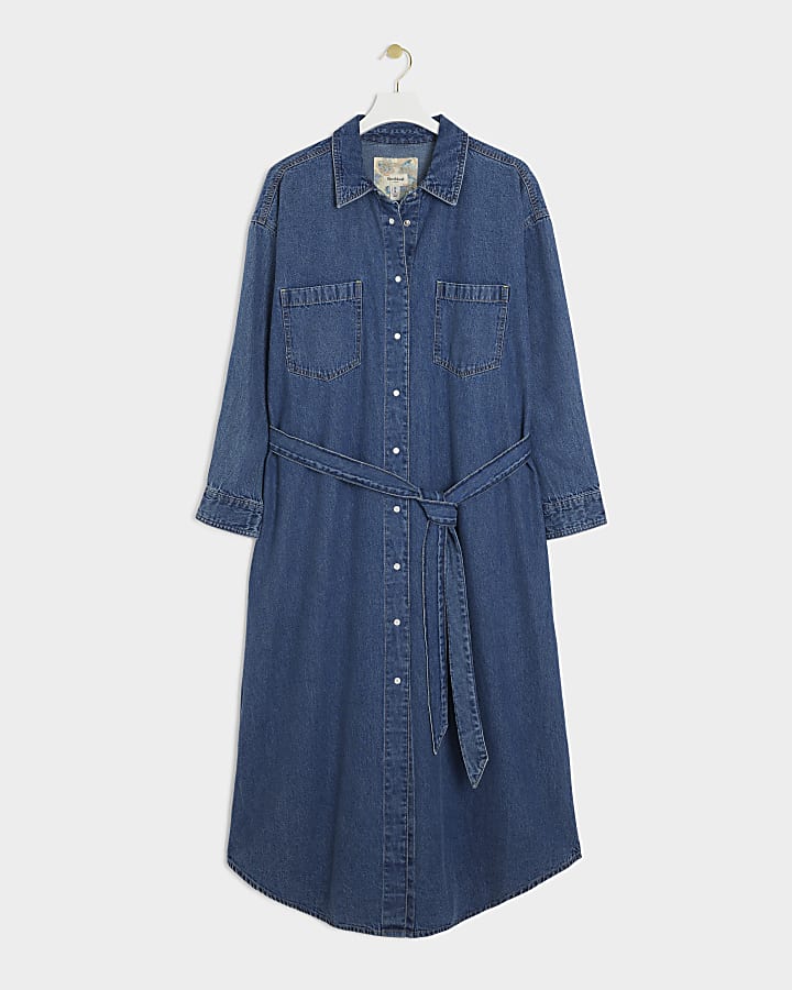 Plus blue denim belted midi shirt dress