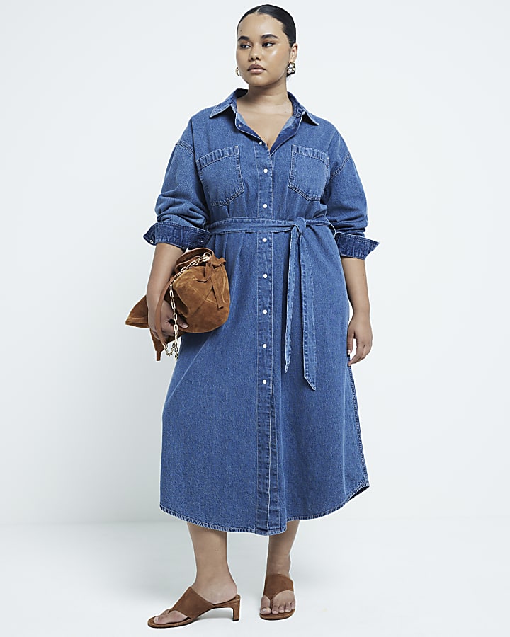 Plus blue denim belted midi shirt dress