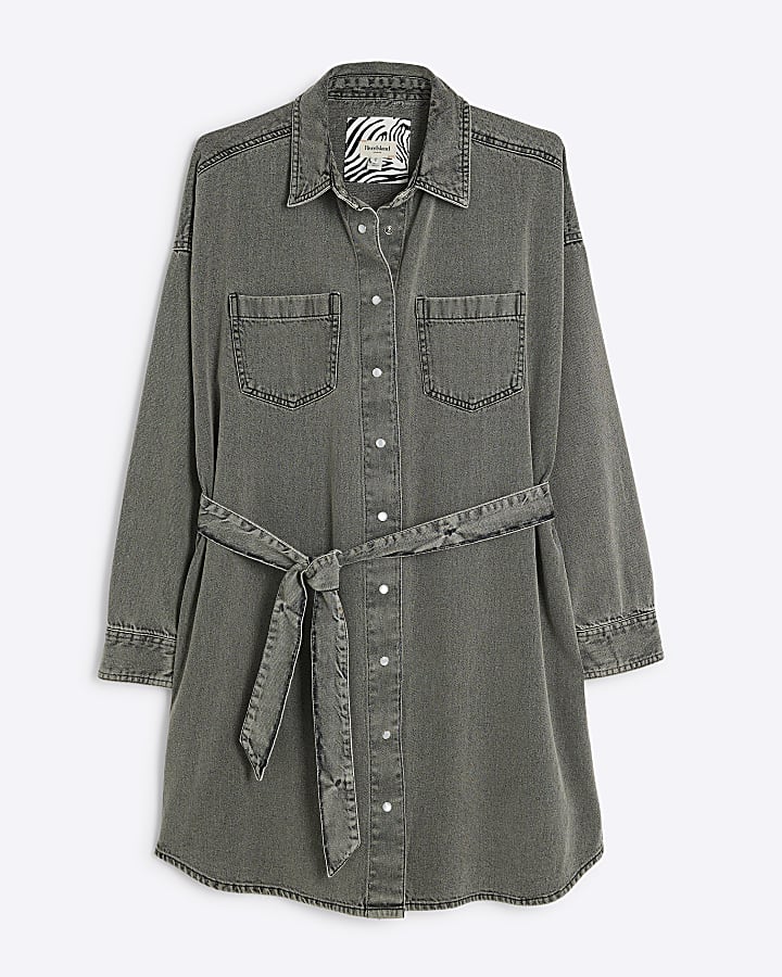 Grey denim belted mini shirt dress