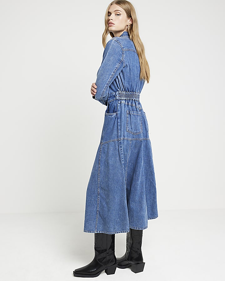 Blue denim midi shirt dress