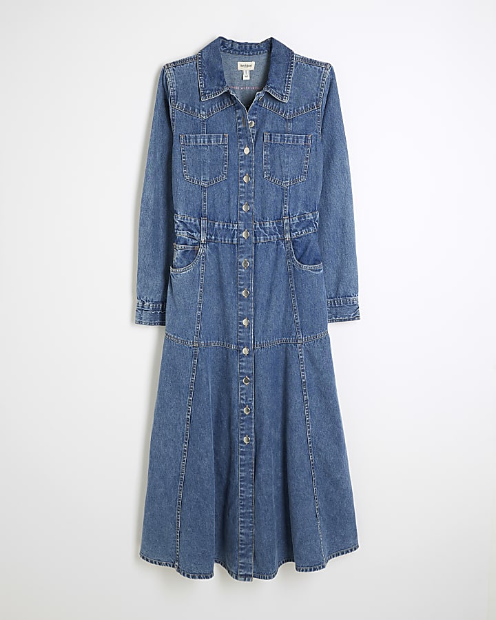 Blue denim midi shirt dress