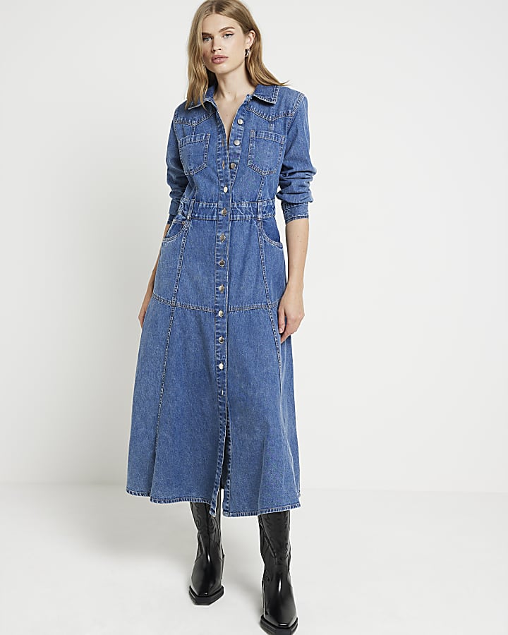 Blue denim midi shirt dress