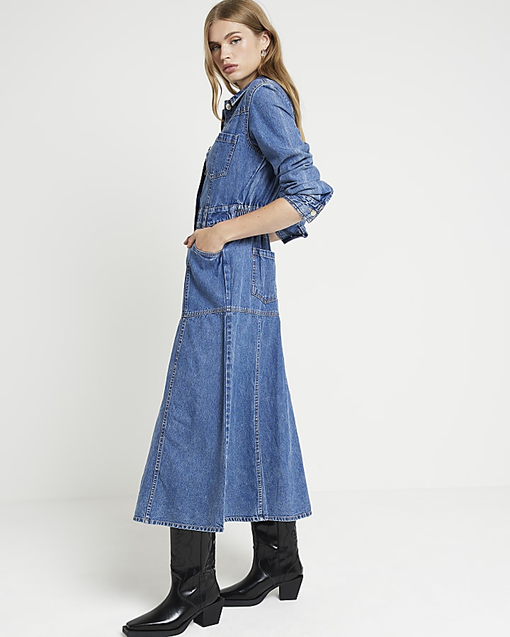 Blue denim midi shirt dress