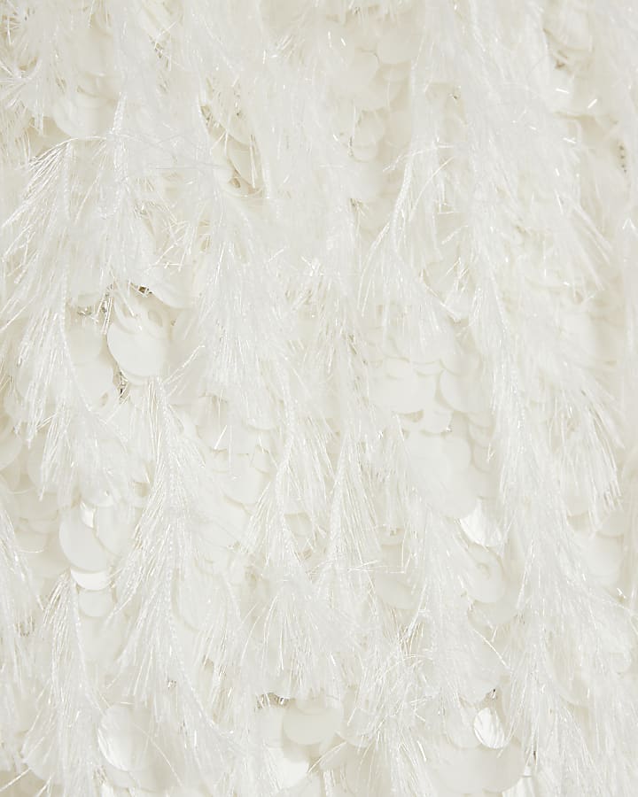 White sequin feather shift mini dress