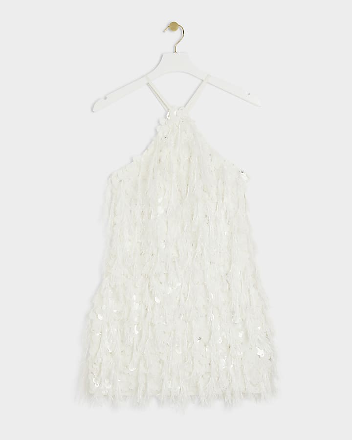 White sequin feather shift mini dress